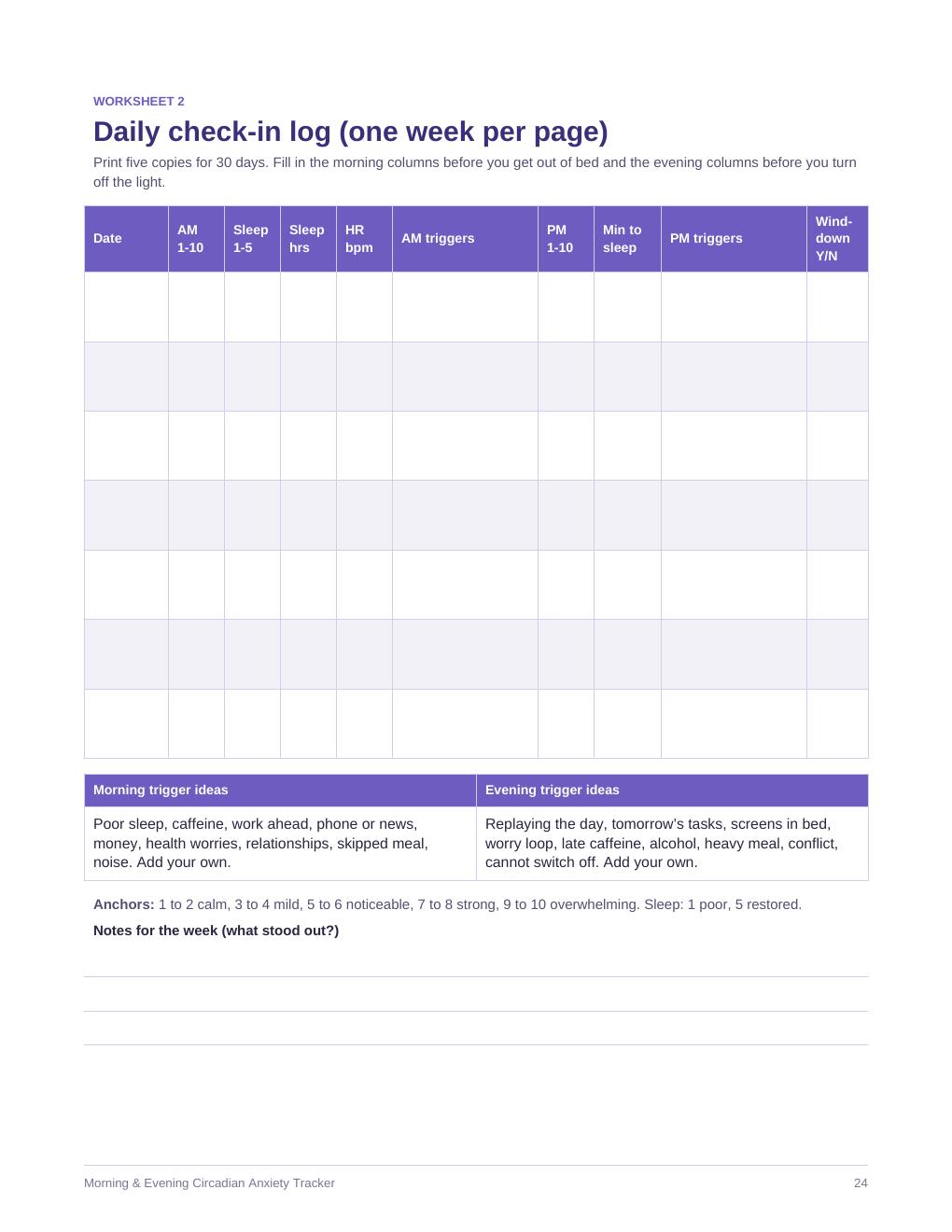 Sample page: Daily check-in log